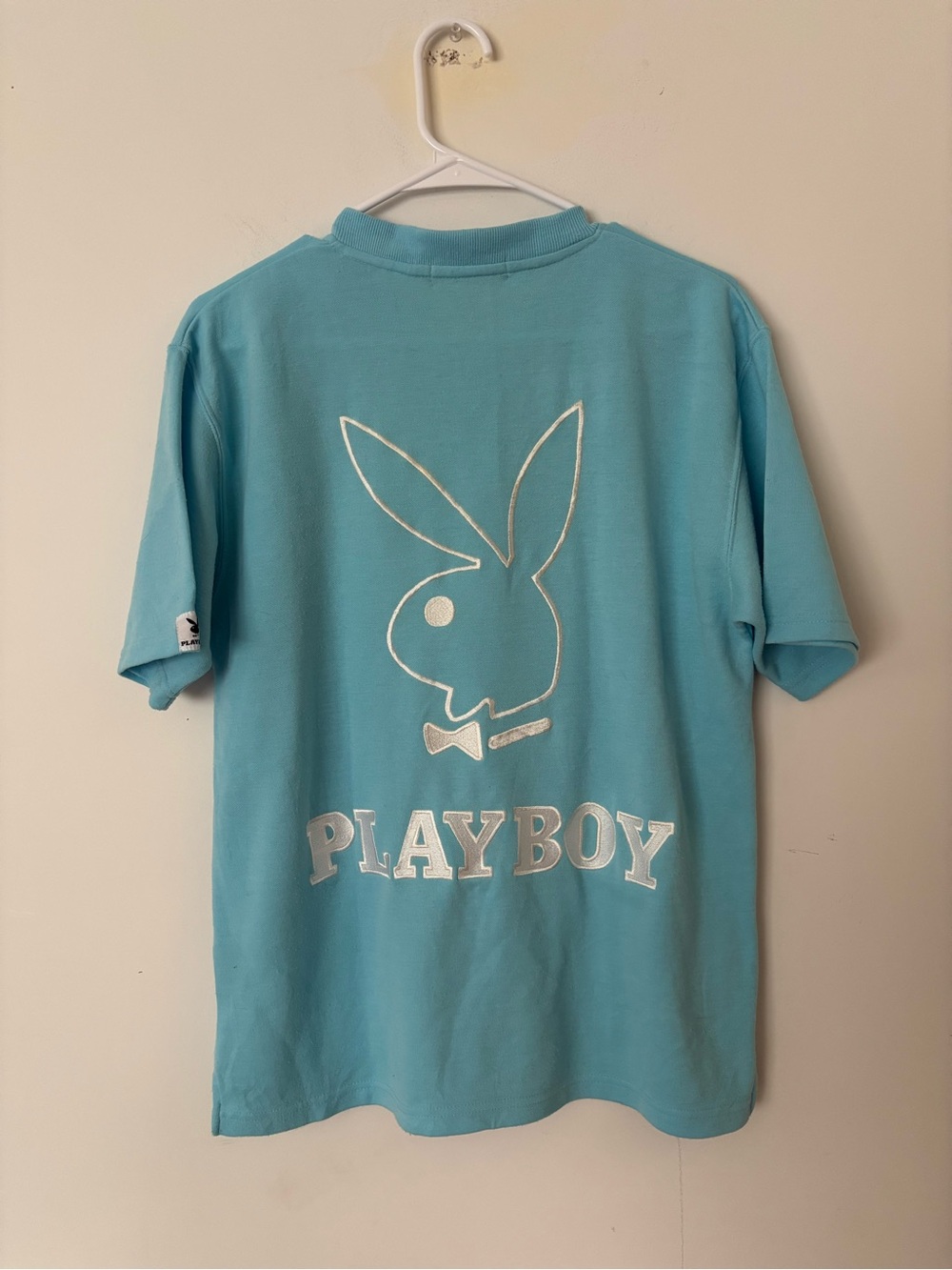 vintage playboy y2k teal blue & white bunny v neck thick material tee shirt🩵